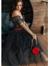 Black Polka Dot Tulle Midi Party Dress With Dropped Sleeves